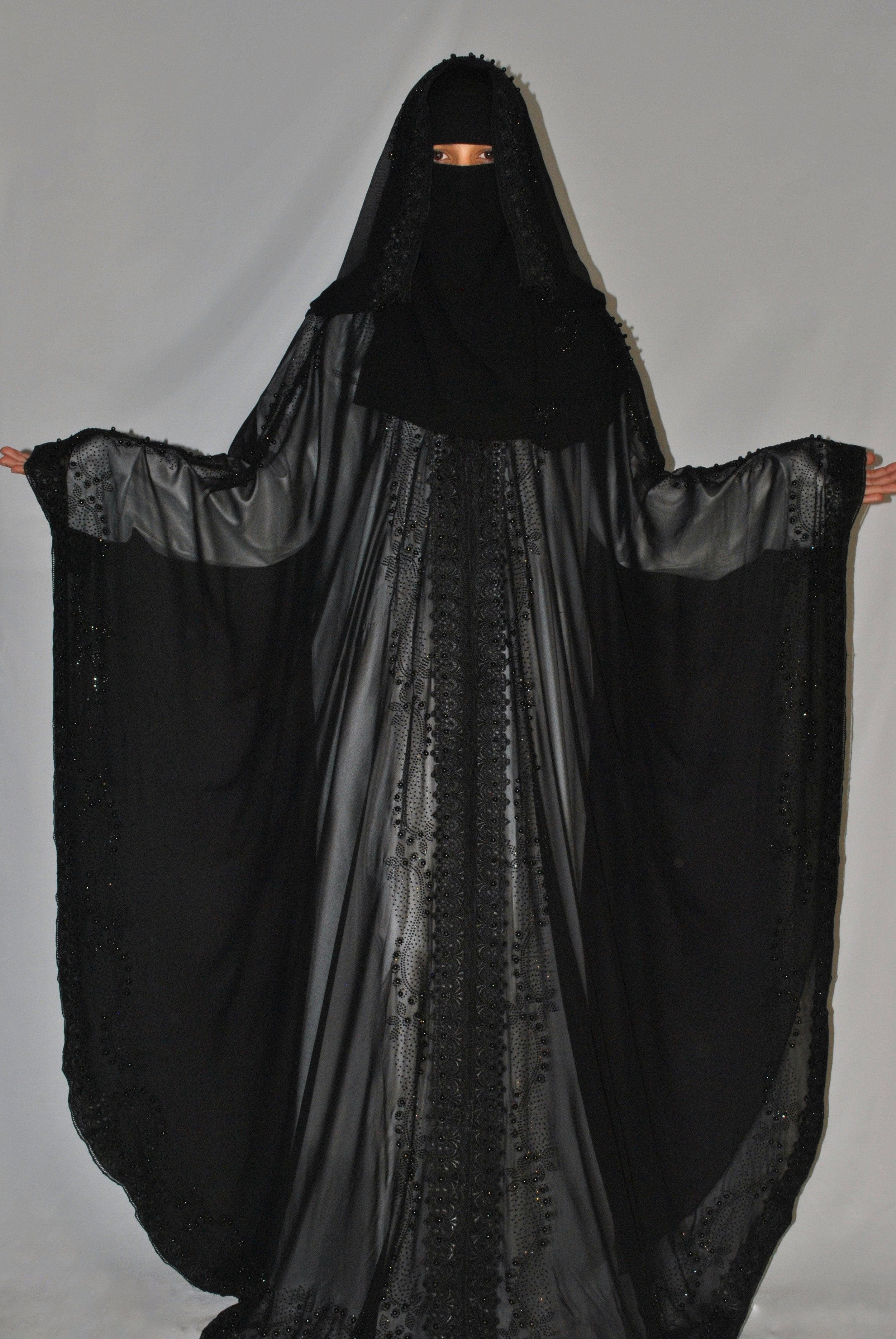 Black Chiffon Over Coat with Lace & Stonework