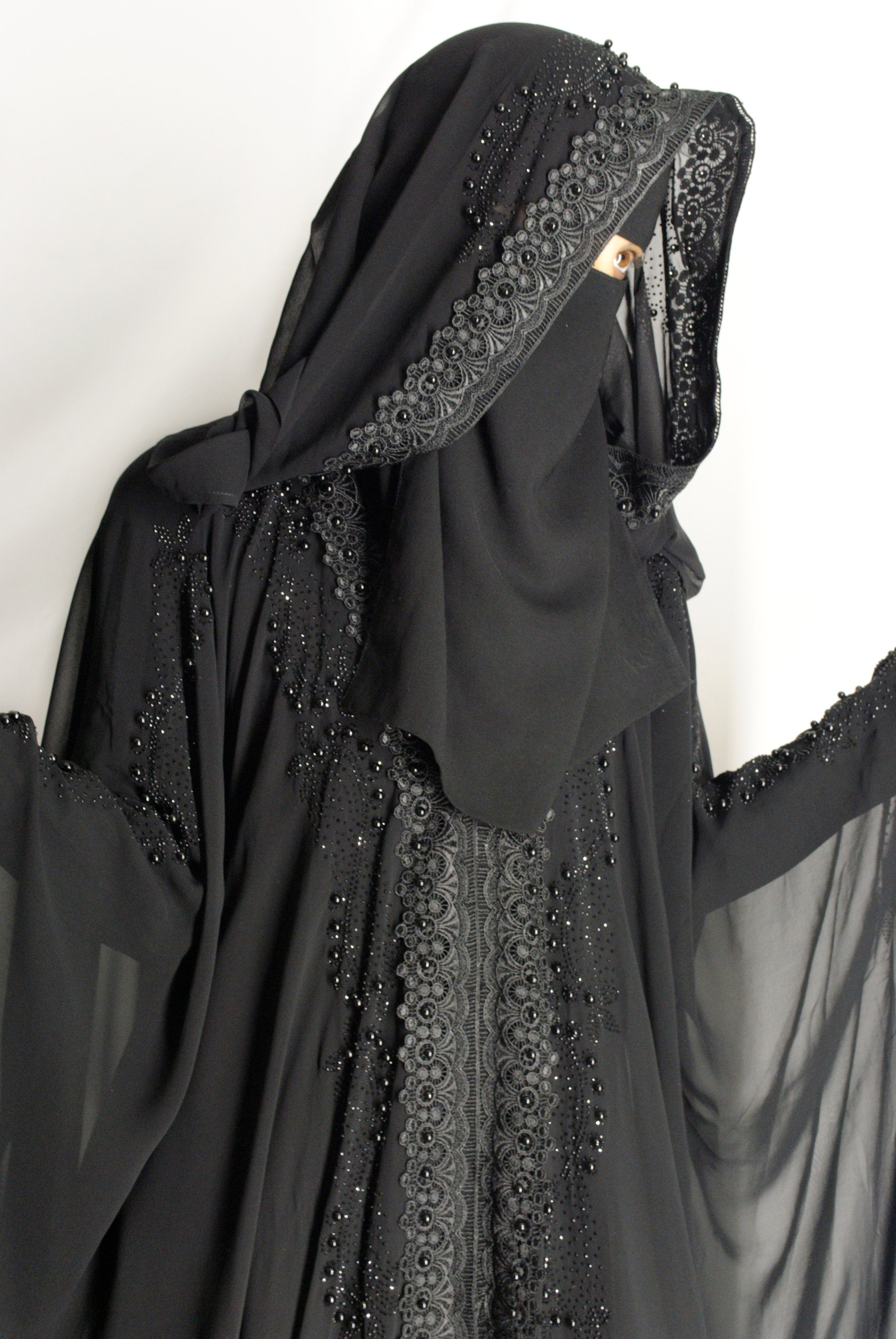 Black Chiffon Over Coat with Lace & Stonework